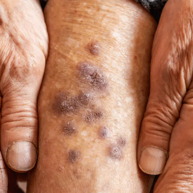 Common Skin Conditions in Older Adults Feature Image: Eldery woman shows leg with skin disease.