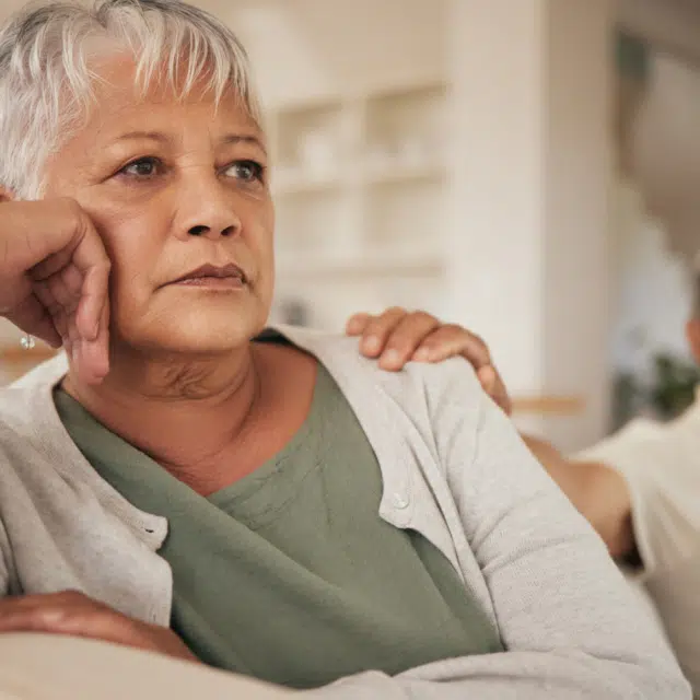 Divorce, fight and senior couple in a living room with depression, angry or argue at home.